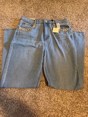 Straight-Leg Light Blue Jeans with Crystal Fringe Detail